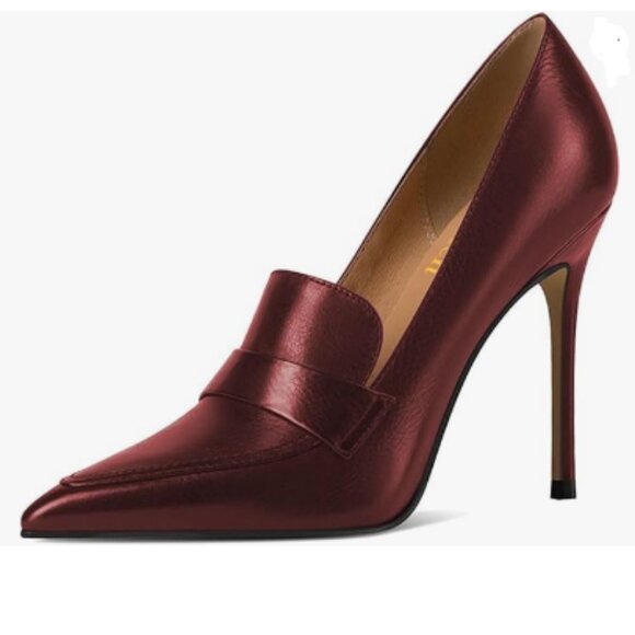 miss left Burgundy High Heel Loafer Pumps with Trim Pointed Toe Slip on Shoe - Picture 1 of 8